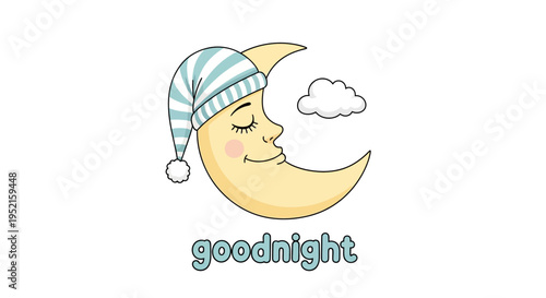 Cute moon in pajamas sleeping with cloud goodnight