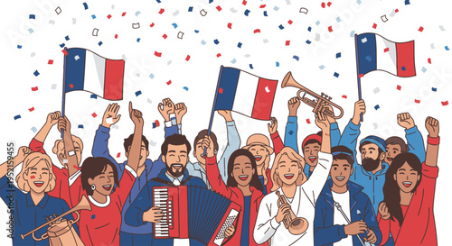 Illustration of a diverse crowd celebrating, waving flags and cheering with confetti in the air, conveying a joyful mood.