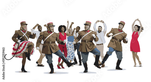 Illustration of a diverse group of people dancing energetically in various poses against a clean white background with a lively and carefree mood.