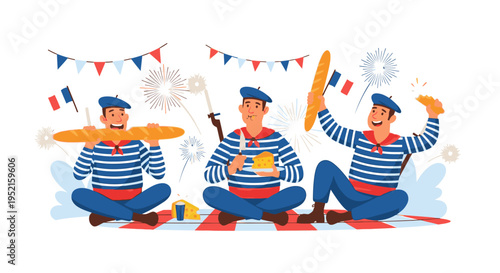 Illustration of three cartoon characters in striped shirts and berets celebrating with French flags and food on a colorful background with festive bunting.