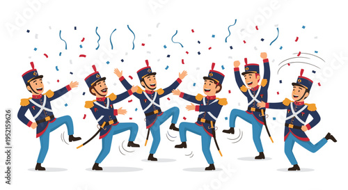 Illustration of five cartoon toy soldiers dancing in various poses with confetti and streamers on a white background.