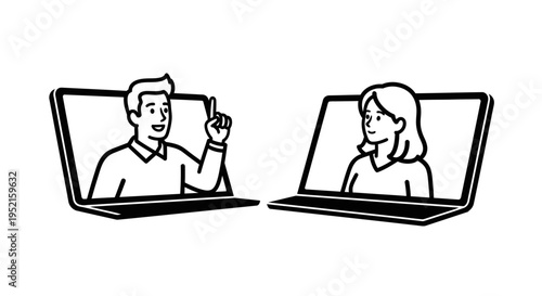 Illustration of two people having a video call on their laptops, one person is explaining something by raising their finger