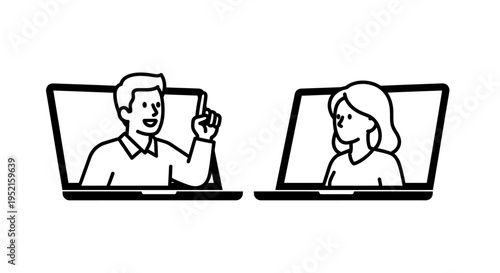 Illustration of a man and woman communicating through laptop screens, depicting online interaction and virtual meetings