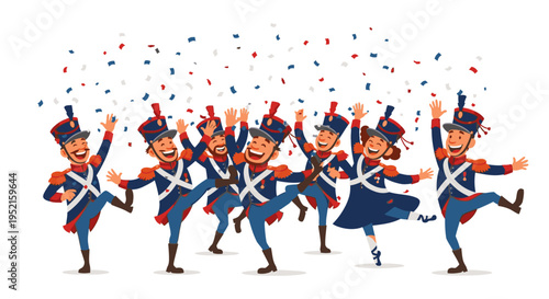 Illustration of a group of cartoon soldiers dancing in celebration with confetti against a white background.