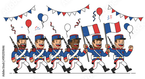 Cartoon illustration of diverse soldiers marching in French uniforms with rifles and a flag under festive bunting and balloons on a white background.