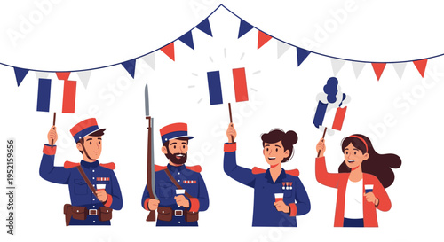 Illustration of people celebrating with French flags and bunting on a white background in a festive mood with blue red and white colors.