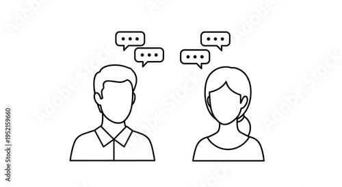 Illustration of two people communicating with speech bubbles above their heads, representing conversation and dialogue