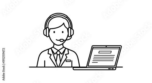 Customer service agent with headset and laptop, online support icon