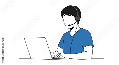 Illustration of a person wearing a headset and using a laptop for online communication or remote work