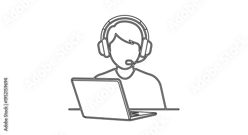 Customer service representative wearing headphones with a microphone and using a laptop, providing remote support