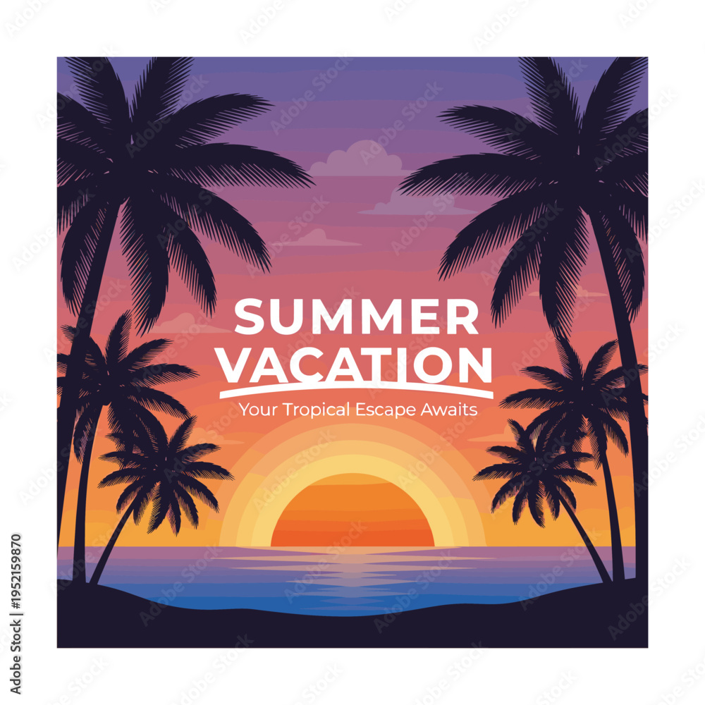 Obraz premium Relaxing summer vacation getaway with palm trees at sunset