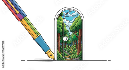 Colorful pen drawing door to forest landscape