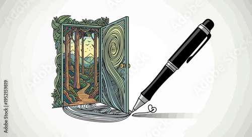 Pen creating doorway to forest landscape with trees and mountains