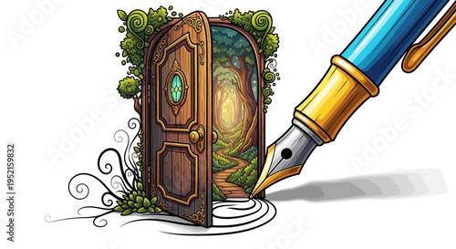 Whimsical door to fantasy world with fountain pen creating pathway