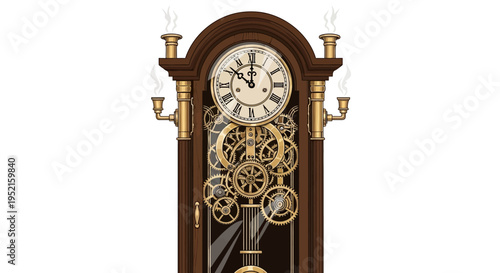 Steampunk grandfather clock with exposed gears and Roman numerals