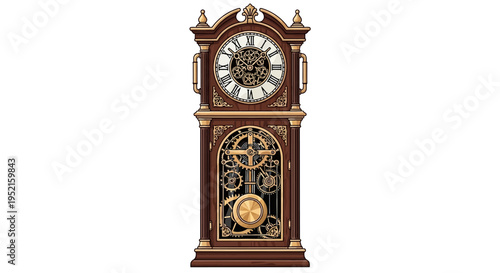 Steampunk style grandfather clock with exposed gears and Roman numerals on white background