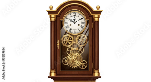 Brown and gold grandfather clock with Roman numerals and gear mechanism