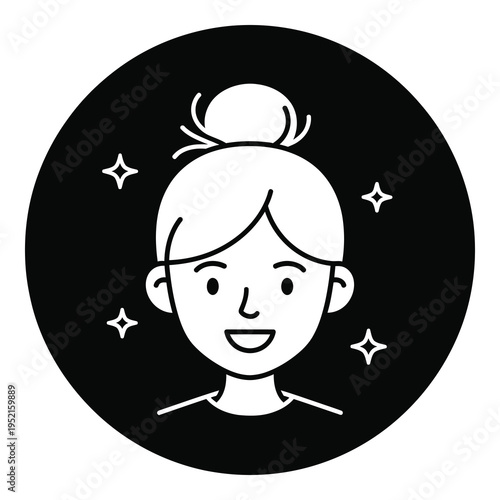 Smiling cartoon woman with hair bun and sparkles around face icon