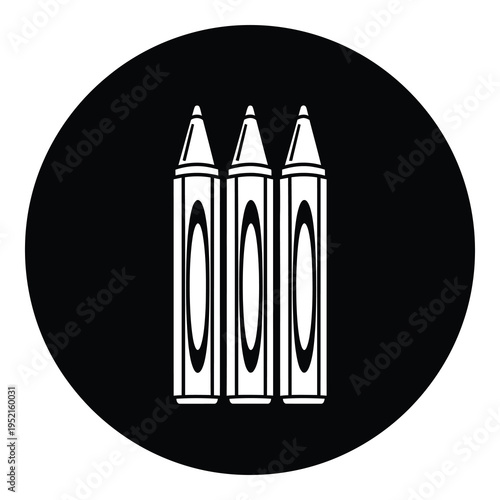 Three white crayons on black oval background  colorful drawing tools icon