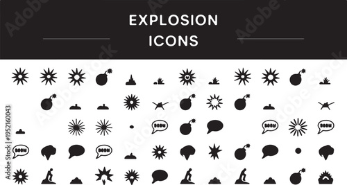 A versatile minimalist icon set design featuring an array of explosion, bomb, sun, and abstract graphic symbols for diverse digital projects