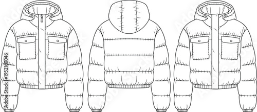 Puffer jacket front back and side technical fashion flat vector illustration
