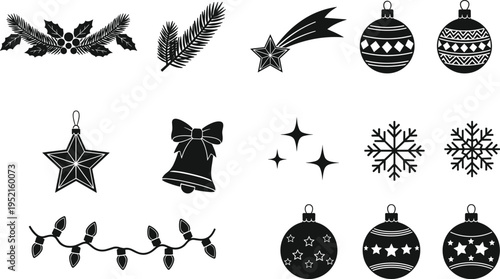 Collection of twelve Christmas icons including holly, pine branch, shooting star, ornaments, bell, snowflakes, and festive lights in silhouette design