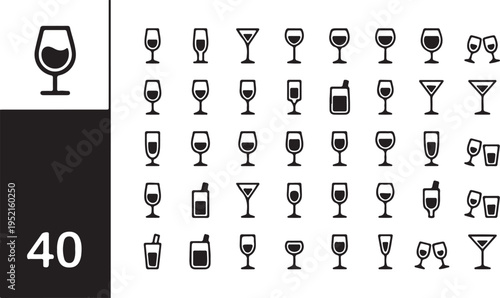 Versatile set of minimalist outline vector icons depicting various drink glasses, from wine to cocktails, suitable for web and graphic design