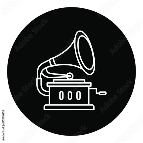 Vintage gramophone on a black circular background  music and nostalgia icon