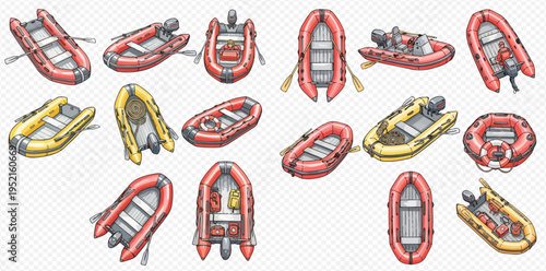 Collection of various inflatable boats, dinghies, and rafts with oars and motors, perfect for water sports and recreation.