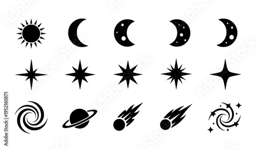 Black celestial icons set sun moon stars planets vector illustration isolated on white