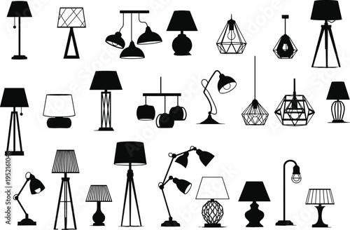 Collection of twenty‑five lamp silhouettes including table lamps, floor lamps, desk lamps, and pendant lights in modern and classic decorative designs