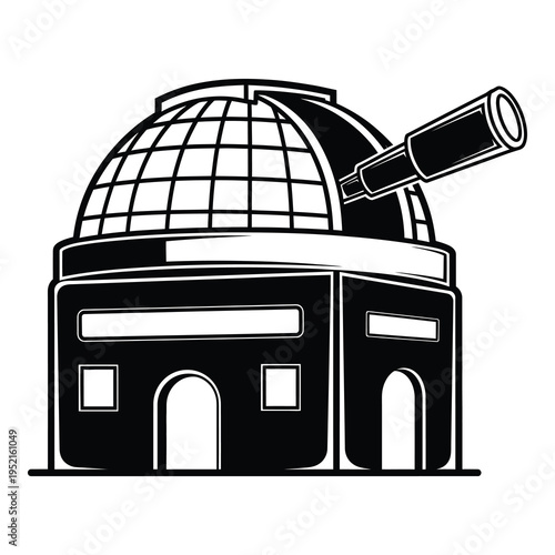 Black and white illustration of a planetarium building with a telescope on the roof icon