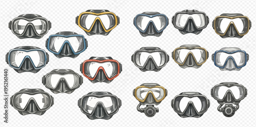 Collection of various diving masks and snorkeling equipment for underwater exploration and recreation.