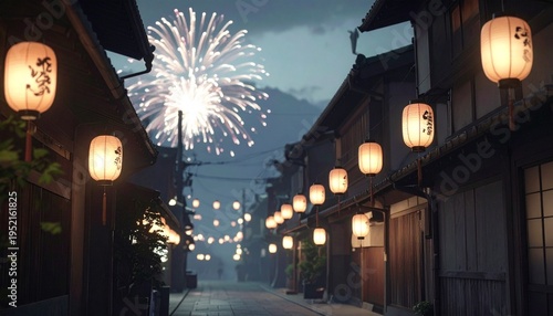 Magical night view of a historic Japanese village with warm lantern light and spectacular fireworks display in the starry summer sky.