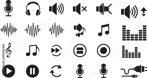 Music and audio icons, sound wave and equalizer graphics