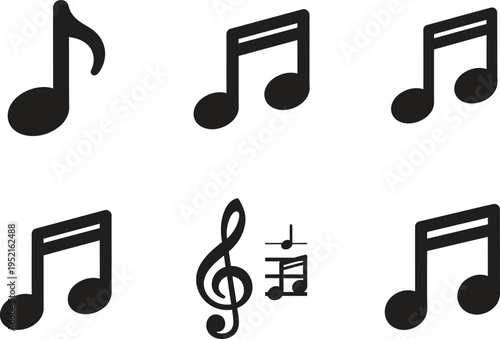 Musical notes and treble clef icons, black and white