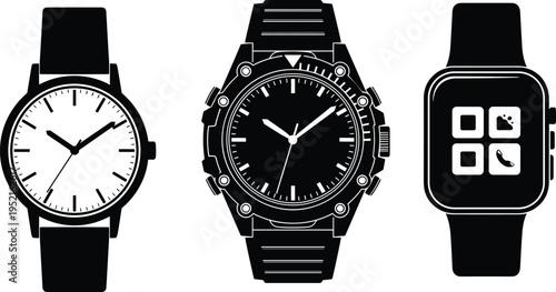 Modern evolution of wristwatches showcasing classic analog, rugged tactical sports design, and multifunctional digital smartwatch with app icons for contemporary lifestyle