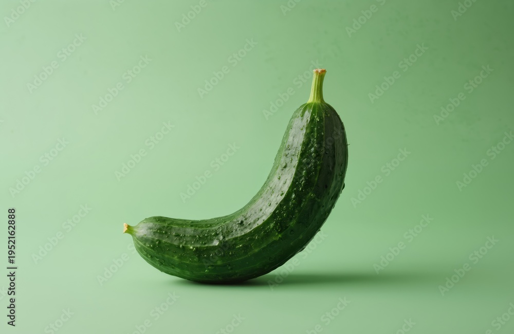 Fototapeta premium Single bent organic cucumber rests on pastel green backdrop. Its unusual shape highlights imperfect produce. Fresh water droplets cling to bumpy skin. Food waste awareness concept for healthy eating.
