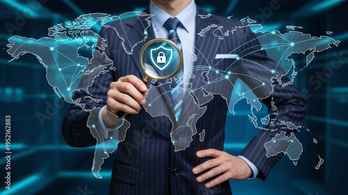 Businessman examining a digital map with a magnifying glass focused on a security lock
