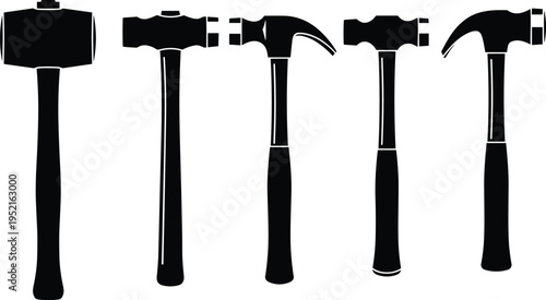 Set of five hammer silhouettes including sledgehammer, ball‑peen, cross‑peen, and claw hammers, showcasing diverse construction and mechanical tool designs