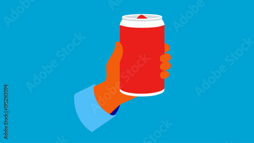A flat vector illustration shows an orange hand wearing a light blue sleeve holding a red soda can against a solid bright blue background.