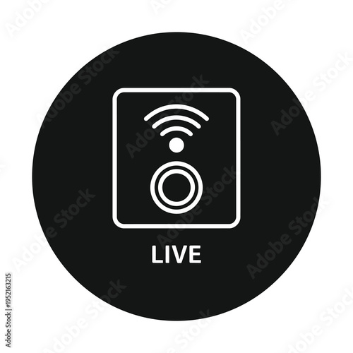Live streaming icon with WiFi signal and speaker on black circle background icon