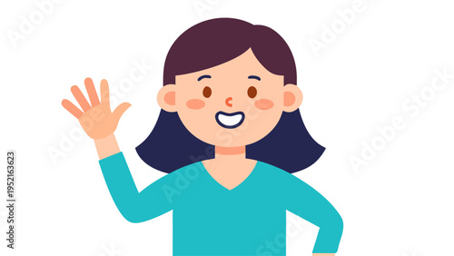 Cartoon illustration of a smiling woman with dark purple hair and teal shirt waving one hand against a plain white background.