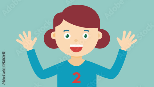 Cartoon woman with auburn hair buns and a blue shirt with a red number two raising both open hands on a teal background.