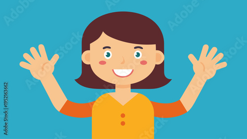 Cartoon woman with brown hair wearing an orange and yellow shirt raising both open hands with a smile on a medium blue background.