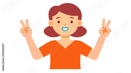 Cartoon woman with reddish hair in buns wearing an orange shirt holding up peace signs with both hands on a white background.