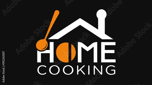 A logo on a black background shows a white house roof with an orange ladle resting against it above the large white text home cooking.
