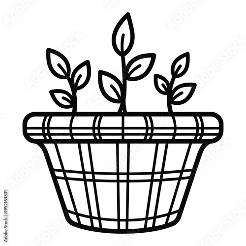 Simple line drawing of a basket with three small plants growing out of it icon