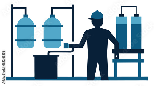 A silhouette of an industrial worker wearing a cap operates a liquid filtration system with multiple blue tanks and pipes on a white background.
