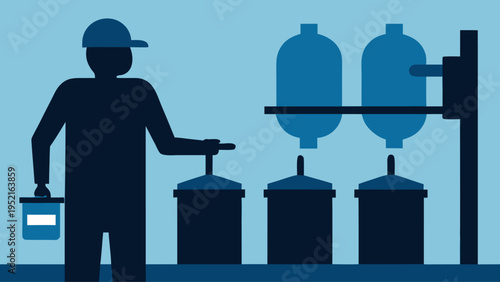 A worker silhouette holding a bucket stands in front of several blue filtration canisters and storage tanks against a light blue background.